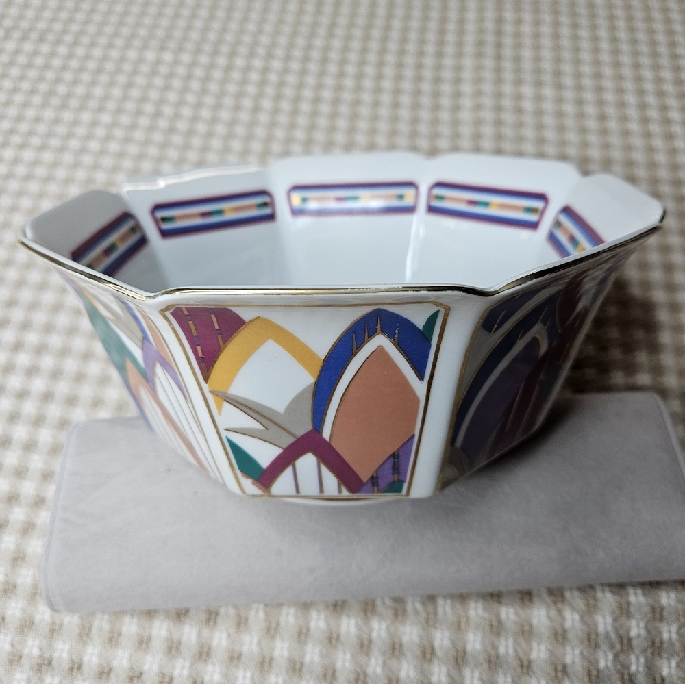 Limelight by Sigma Vibrant Geometrical Art Deco Octagonal Hand Painted Trim Bowl